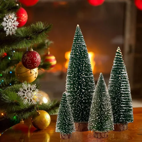 Vista 4 de Árbol de Navidad pequeño, mini árbol de Navidad, mini árbol de pino, árboles falsos con base de madera para decoración de mesa (verde planta)