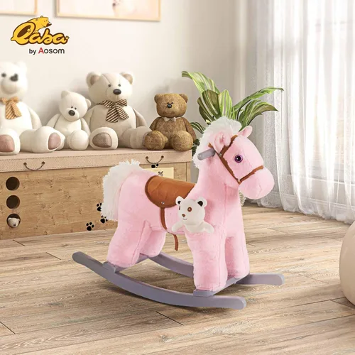 Vista 2 de Qaba Caballo mecedor de peluche para niños con juguete de oso, silla para niños con juguete de felpa suave y divertidos sonidos realistas, rosa