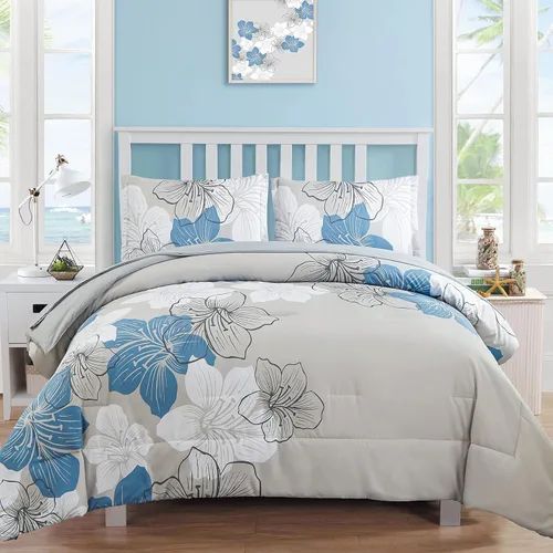 Vista 32 de Luxudecor Juego de edredón floral tamaño individual, 6 piezas de cama en una bolsa, edredón floral azul y juego de sábanas, juego de ropa de cama