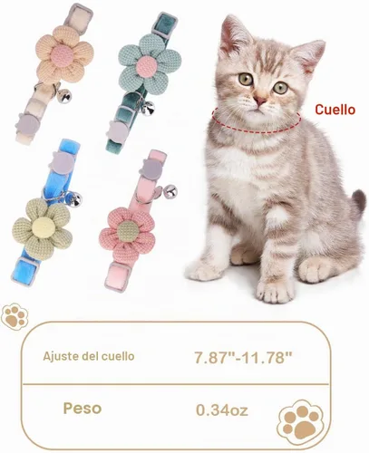 Vista 5 de Collar de gato de terciopelo suave con campana, collar ajustable para Rosa (Flower Pink)