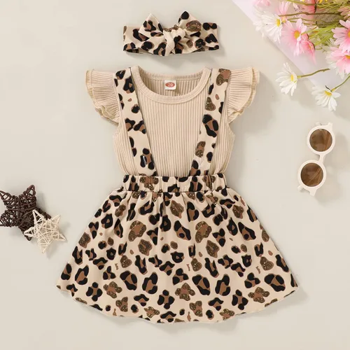 Vista 2 de YOUNGER TREE Conjunto de ropa de verano para bebé y niña, con correa de girasol, sin mangas, mameluco, falda con tirantes, 3 piezas
