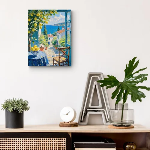 Vista 4 de Arte de pared de la costa de Italia, pintura de acuarela de paisaje natural, lienzo enmarcado decoración moderna del hogar, impresiones de limón