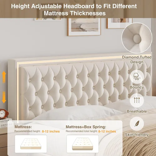 Vista 6 de Keyluv - Base de cama tapizada completa con LED, con 4 cajones, cama de plataforma de terciopelo con cabecera ajustable tapizada con botones