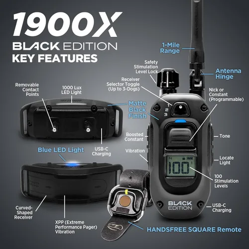 Vista 6 de Dogtra 1900X Black Edition E-Collar – Rango de 1 milla, perros 45 libras +, IPX9K impermeable, 100 niveles de estimulación, vibración, tono