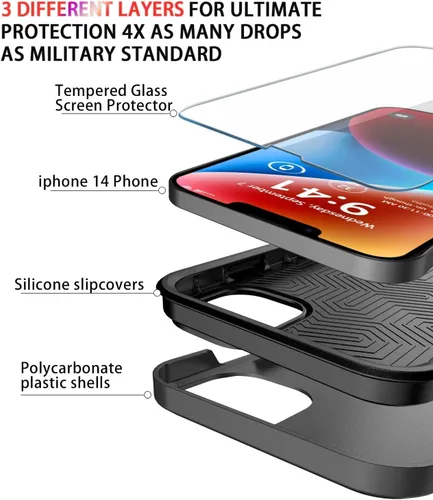 Vista 4 de Diverbox Funda para iPhone 14 [a prueba de golpes] [a prueba de caídas] [protector de pantalla de vidrio templado], funda de protección resistente