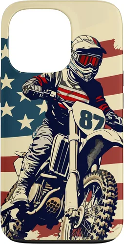 Vista 10 de Funda vintage para iPhone 16 Motocross Rider Dirt Bike con bandera estadounidense
