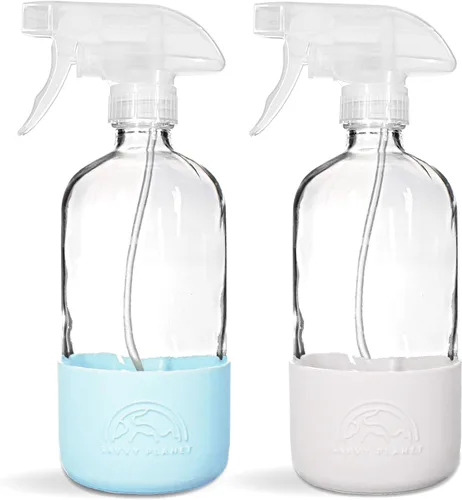 Vista 8 de SAVVY PLANET Botellas vacías de vidrio ámbar con protección de funda de silicona, recipientes recargables de 16 onzas para productos de limpieza