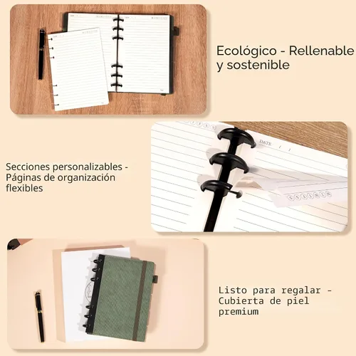Vista 9 de Yoment - Cuaderno de diario de cuero para trabajo, recargable, 224 páginas, 100 GSM, papel grueso, cuaderno de 5 materias con separadores y pestañas