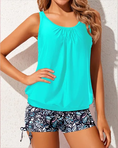 Vista 7 de Yonique Traje de baño tankini de dos piezas con tirantes delgados para mujer con pantalones cortos cruzados