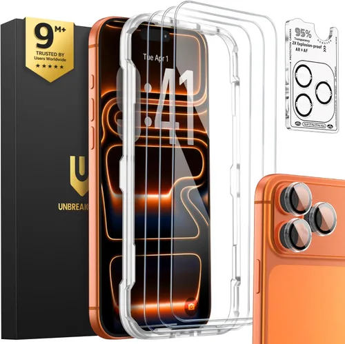 Vista 15 de UNBREAKcable Paquete de 3 protectores de pantalla para iPhone 15, 3 de vidrio templado + 3 protectores para lente de cámara, dureza 9H, claridad HD