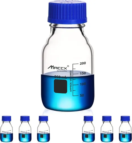 Vista 14 de Botellas redondas de vidrio de 34 onzas (33.8 fl oz), botella de vidrio de borosilicato resistente con tapa de rosca GL45, paquete de 2