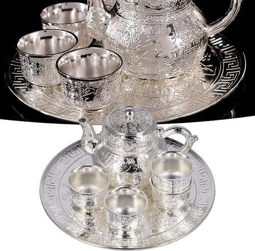 Vista 2 de Juego de tetera y taza para uno, juegos de té de aleación de zinc para adultos con tetera y bandeja, juego de tetera vintage plateada, regalo