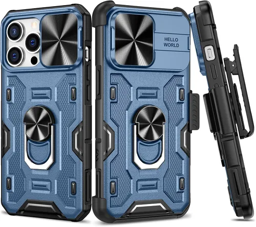 Vista 11 de VEGO Funda para iPhone 13 Pro Max/iPhone 12 Pro Max con soporte, cubierta deslizante para cámara y funda con clip para cinturón, funda protectora
