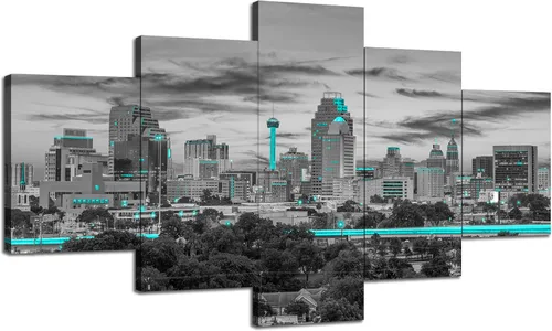 Vista 12 de Cawpom Arte de pared de Los Ángeles en blanco y negro, cuadro decorativo para pared, diseño de horizonte de Los Ángeles, póster de palmera, marco