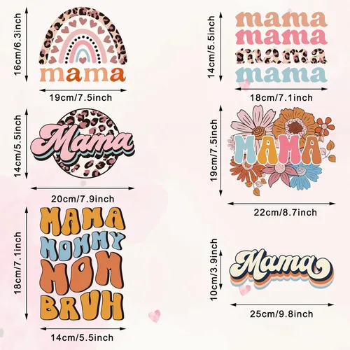 Vista 2 de Whaline 6 hojas de parches para planchar con texto en inglés "Mama Boho, para planchar con estampado de arcoíris, flores, leopardo, mamá", vinilo