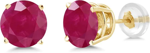 Vista 2 de Gem Stone King Pendientes de tuerca de oro amarillo de 14 quilates y rojo rubí de 2.00 quilates con piedra natal de piedras preciosas redondas