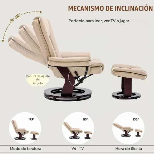 Vista 6 de Sillón reclinable giratorio con sofá reclinable otomano, reposapiés, juego Beige