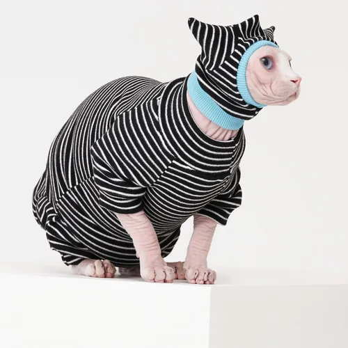 Vista 7 de Sphynx - Conjunto de camisa transpirable a rayas negras para gatos, gorro y camisa para mascotas (talla S)