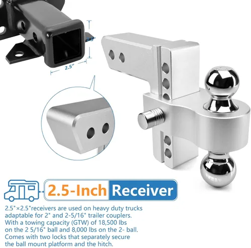 Vista 4 de Enganche de remolque ajustable - Tlvuvmo Enganche de caída de aluminio (se adapta a receptor de 2.5''), caída/elevación de 6 pulgadas, capacidad