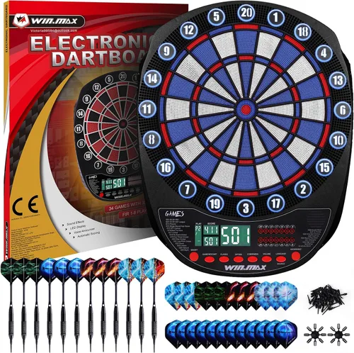Vista 9 de WIN.MAX Tablero electrónico de dardos de punta suave, juego de pantallas LED, 3 idiomas con 12 dardos 100 puntas adaptador de corriente