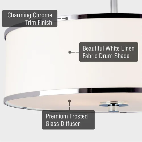Vista 2 de Kira Home Chloe Lámpara de techo moderna de 15 pulgadas con pantalla de tambor de tela blanca, accesorio colgante de 3 luces con difusor de vidrio