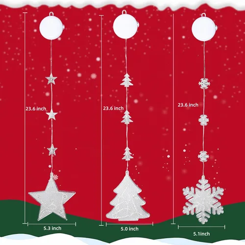 Vista 7 de 3 piezas de luces de ventana de Navidad - Decoraciones de ventana de Navidad con pilas con luces en forma de árbol, copo de nieve y estrella