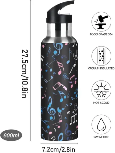 Vista 9 de Colorful Musical Notes Insulated Stainless Steel Water Bottle with Straw 20 Oz Leakproof Water Bottles, BPA-Free Sports Water Bottle with Straw