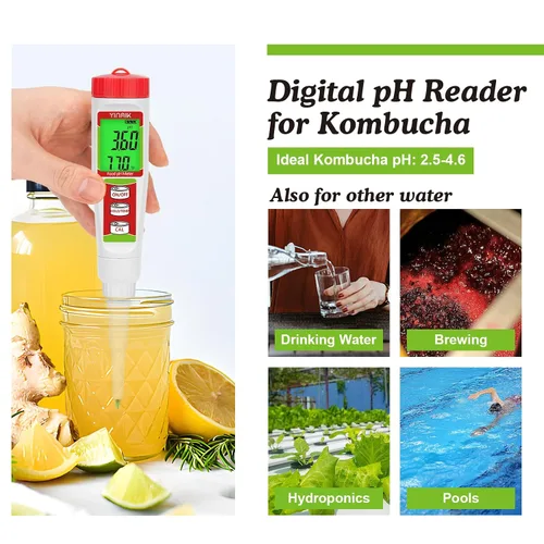 Vista 3 de Medidor de pH digital para alimentos YINMIK Medidor de pH para fermentación de alimentos con kit de solución de calibración Tiras de prueba de pH