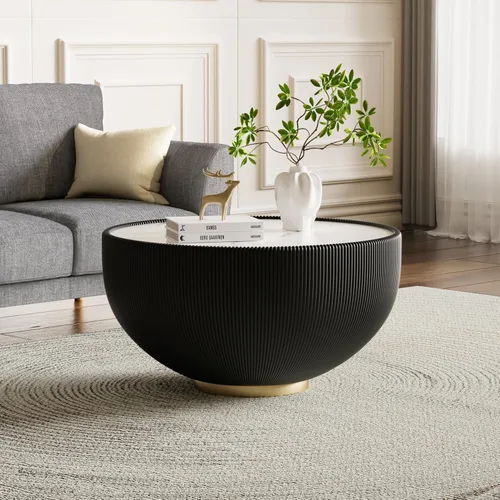 Vista 2 de Mesa auxiliar redonda de 29.53 pulgadas, mesas de cóctel modernas con textura vertical decorativa, mesas centrales de cuenco negro de 29.53