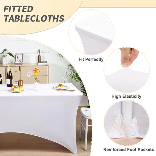 Vista 2 de Fixwal Paquete de 6 Manteles de Mesa Rectangulares, Cubierta de Mesa de 6 Pies, Mantel Blanco Rectangular Ajustado Elástico Rectangular, Cubierta