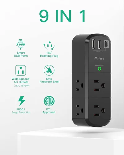Vista 7 de Mifaso - Extensor de tomacorriente USB, protector de sobretensiones con enchufe giratorio, 1800 julios, 6 tomas de corriente alterna y 3 puertos USB
