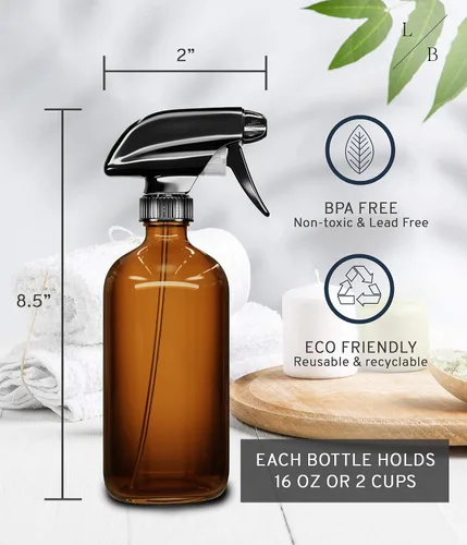 Vista 12 de LiBa Paquete de 2 botellas de vidrio ámbar, botella de spray vacía recargable de 16 onzas para limpieza, aceites esenciales, cabello, plantas