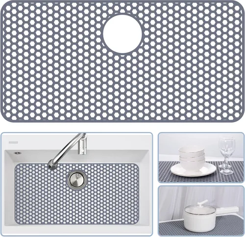 Vista 44 de Bestjing Paquete de 2 protectores de silicona para fregadero de cocina, accesorio de rejilla de cocina de 12 x 11 pulgadas, tapete antideslizante