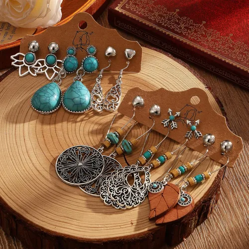 Vista 6 de IFKM Bohemian Jewelry Set With Turquoise Necklace, Dangle Earrings, Stackable Bangle Bracelets, Knuckle Rings For Women Vintage Western Boho