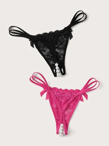 Vista 2 de SOLY HUX 2 piezas de perlas sintéticas de encaje floral para mujer, tangas sexys con tirantes y tiro bajo para lencería, Rosado y Negro, talla única