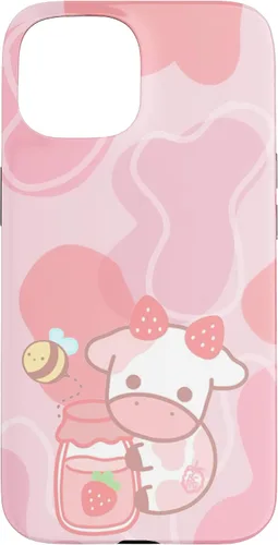 Vista 6 de Funda Kawaii para iPhone 12, diseño de vaca fresa, color rosa