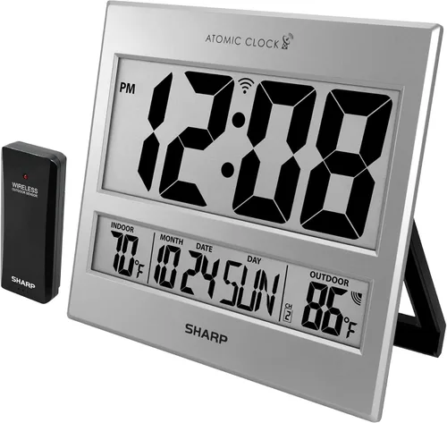 Vista 10 de Sharp Reloj de pared digital atómico, pantalla de 3", sensor de temperatura Negro