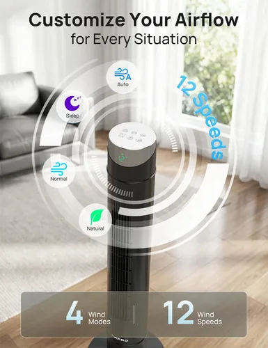 Vista 47 de ZAFRO Ventilador de torre inteligente para dormitorio, ventilador de torre oscilante de 120°, 28 pies/s de alta velocidad, 12 velocidades, 4 modos