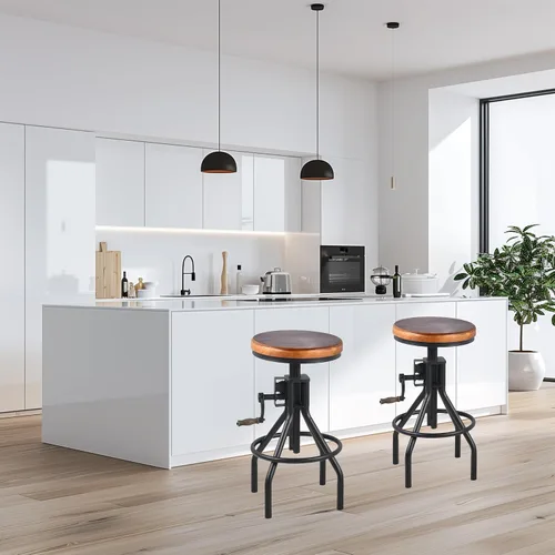 Vista 8 de Taburete industrial de madera para mostrador de granja, altura ajustable con asa, taburete de bar de cocina, color negro, juego de 2