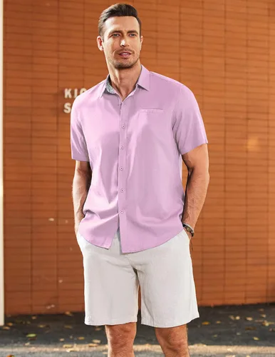 Vista 2 de COOFANDY Camisa de algodón de lino liso de manga corta para hombre, ajuste regular, camisa de playa casual con botones