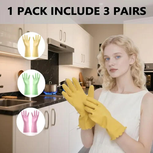 Vista 2 de KINGFINGER 3 Pairs PVC Kitchen Gloves, Colorful Reusable Dish Gloves for Cleaning Bathroom, Cute Dishwashing Glove