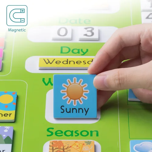 Vista 3 de Navaris Calendario magnético para niños, aprendizaje de los primeros años, clima, fecha, mes, día, tabla educativa de temporada para niños, tablero