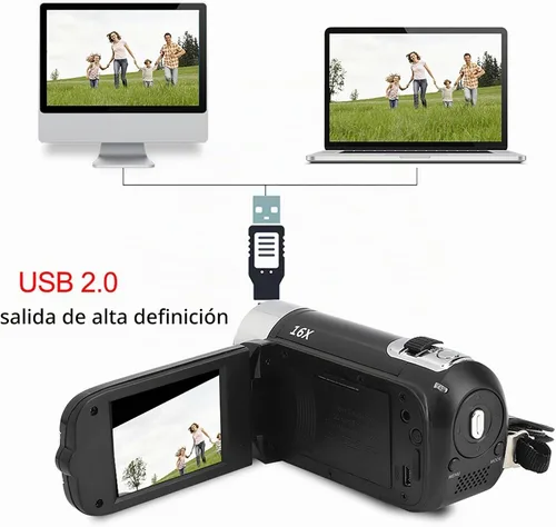 Vista 4 de Videocámara, cámara de video Full HD 1080P con cámara digital de 16 MP, pantalla LCD giratoria de 2.7 pulgadas, zoom digital 16X, videocámara