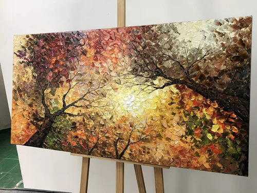 Vista 2 de Tiancheng Arte, 24 x 48 pulgadas, arte moderno de árbol pintado a mano, pintura al óleo, marco de madera abstracto, arte de pared para sala
