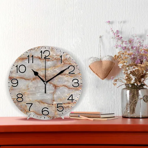 Vista 2 de ALAZA Reloj de pared de mármol marrón natural, funciona con pilas, sin tictac, silencioso, de cuarzo, analógico, rústico, rústico, reloj redondo