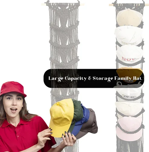 Vista 7 de jontell Soporte para gorras de bola, 1 unidad/hasta 14 gorras, organizador de sombreros para exhibición de gorras de béisbol, estante de macramé