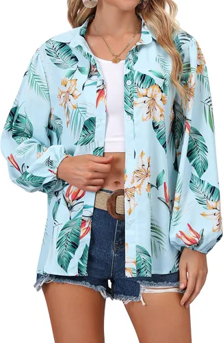 Vista 2 de ZXZY Blusa hawaiana tropical con botones y estampado floral suave para mujer