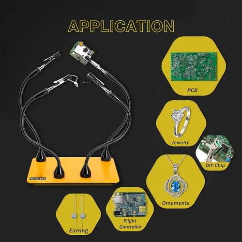 Vista 12 de Fstop Labs Herramienta de soldadura de tercera mano, soporte para PCB, cuatro brazos metálicos flexibles con base magnética, manos que ayudan a