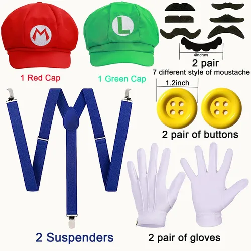 Vista 2 de FUYVA Super Brothers - Disfraz de sombrero de Mara y Luigi para adultos, kit de accesorios falsos para cosplay, Halloween, para mujeres y hombres