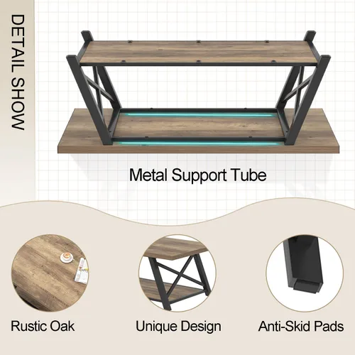 Vista 6 de EXCEFUR Mesa de centro moderna, mesa central rectangular para sala de estar con estante de almacenamiento, mesa de té de cóctel industrial de madera